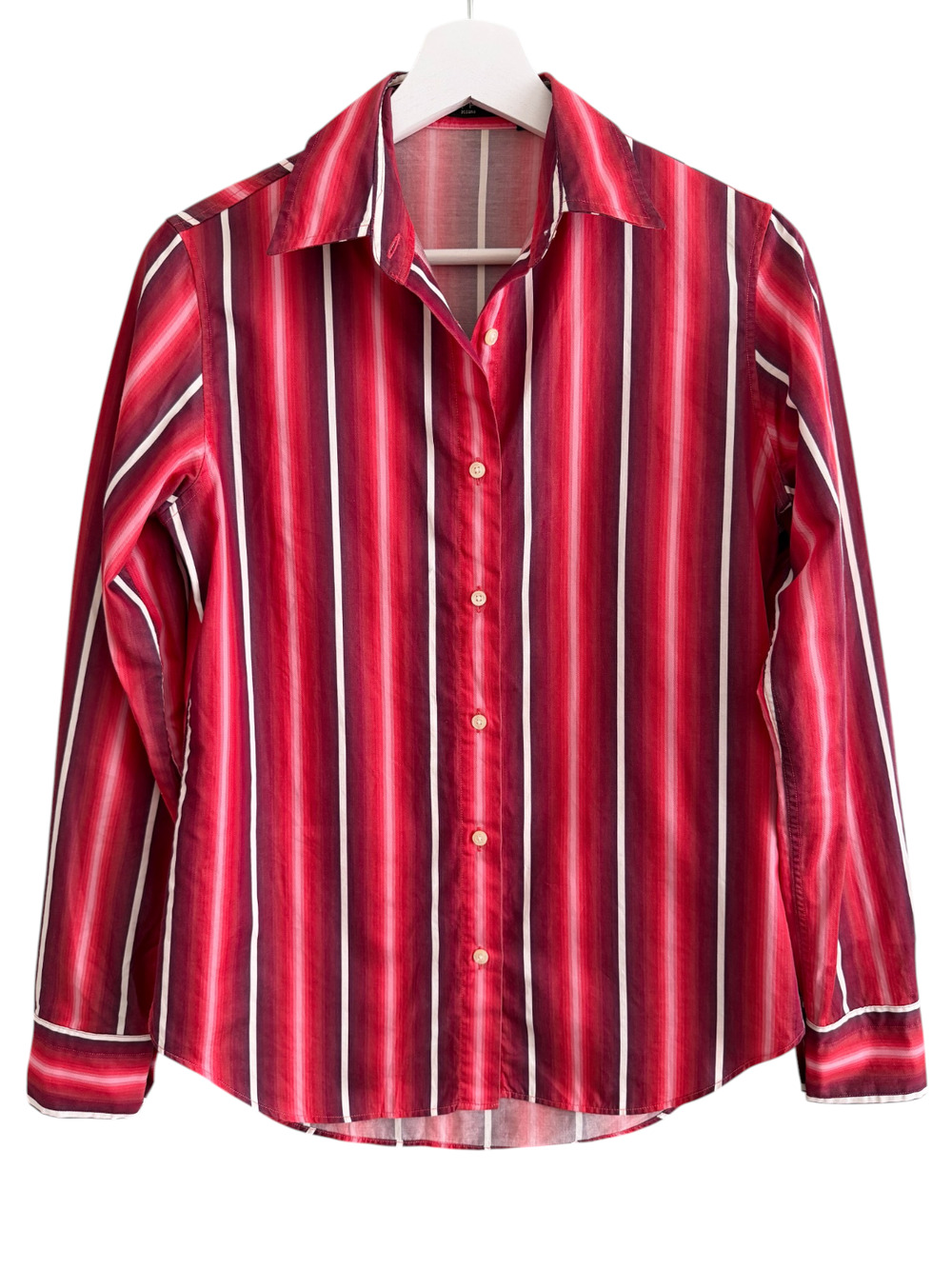 Etro Button Up Shirt Womens 40 Red Pink Striped Cotton Long Sleeve Classic
